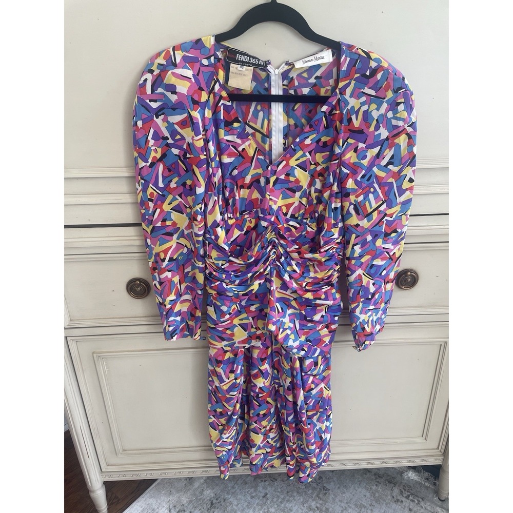 Vintage Fendi 365 Nieman Marcus‎ Vibrant Print Silk Dress Size 46 WOW Colorful